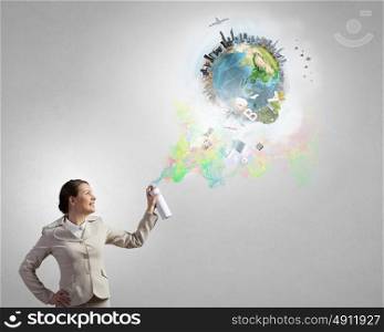 Woman spraying paint. Young businesswoman with suitcase in hand using spray balloon. Elements of this image are furnished by NASA