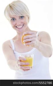 woman squeeze fresh orange juice drink isolated over white background