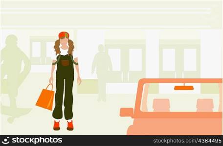 Woman standing beside a car