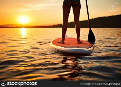 Woman standing on SUP standup paddle board paddling into sunset.. Woman standing on SUP standup paddle board paddling into sunset. Generative AI.