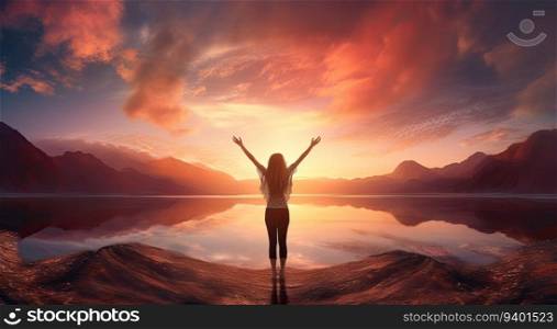 Woman standing on the edge of a mountain lake and looking at the sunset