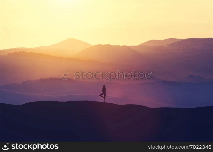 Woman standing on the hill, practicing yoga outdoors. Peace and relax. Harmony. 3D illustration.. Woman standing on the hill, practicing yoga.