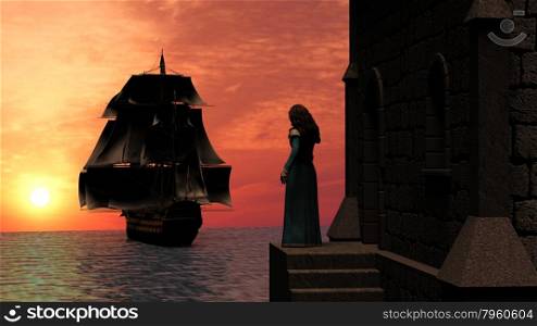 Woman Standing on Tower watching a Sailboat at Sunset. Woman Standing on medieval Tower watching a sailboat at sunset