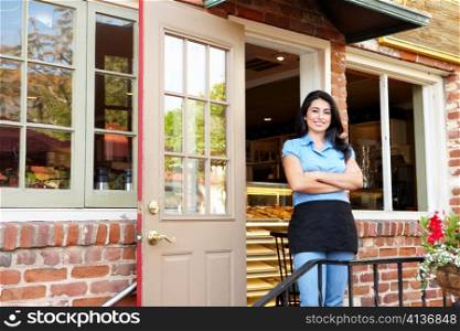 Woman standing outside bakery/cafe