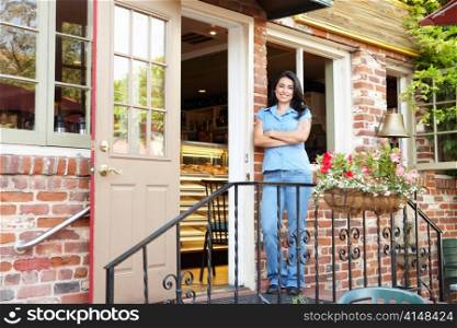 Woman standing outside bakery/cafe