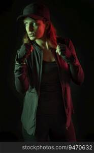 Woman standing with her fists balled up in front of a dark background. 
