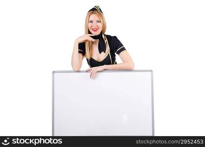 Woman stewardess with blank board