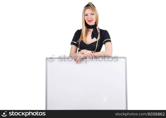 Woman stewardess with blank board