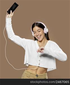 woman studio wearing headphones 2