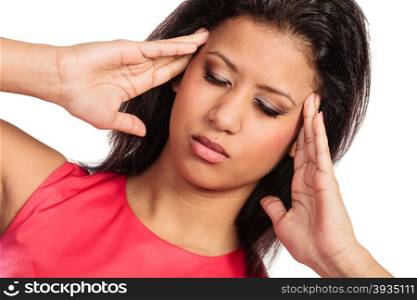 Woman suffering from headache migraine pain.. Mixed race woman suffering from headache migraine pain. Young girl isolated on white.