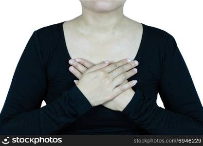 Woman Suffering From Painful Feeling. Close Up Of Female Body woman holds her hands on chest