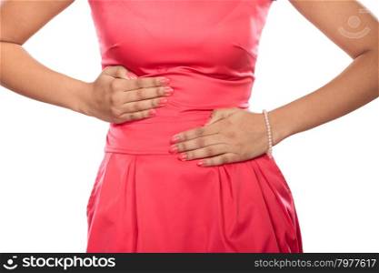 Woman suffering from stomach ache abdominal pain.. Closeup of woman suffering from stomach ache abdominal pain. Girl isolated on white.
