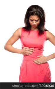 Woman suffering from stomach ache abdominal pain.. Mixed race woman suffering from stomach ache abdominal pain. Young girl isolated on white.