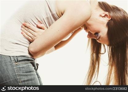 Woman suffering from stomachache pain. Girl having period bellyache. Health.. Woman suffering from stomachache pain. Period.