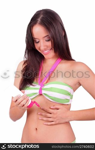 woman sunburn putting some lotion on