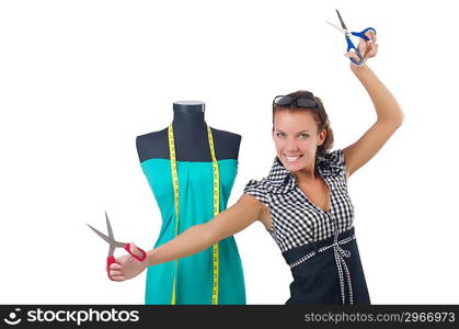 Woman tailor working on white background