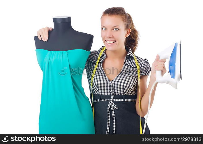 Woman tailor working on white background