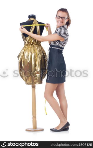 Woman tailor working on white background