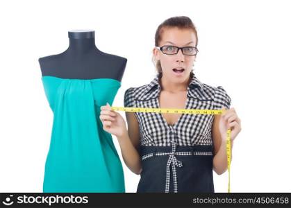 Woman tailor working on white background