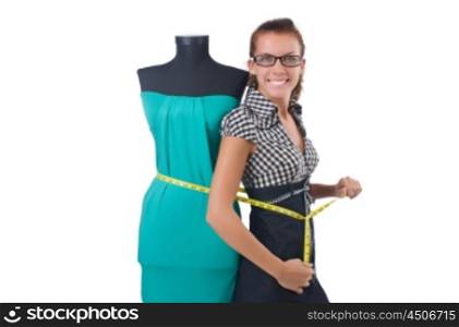 Woman tailor working on white background