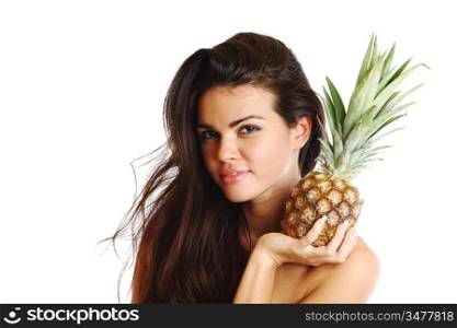 woman take pineapple in hands isolated on white
