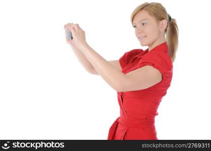 woman takes a picture to your phone. Isolated on white background