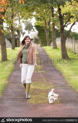Woman Taking Dog For Walk Outdoors In Autumn Park