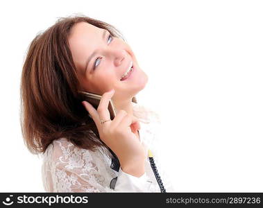 Woman talking over phone. Isolated over white.