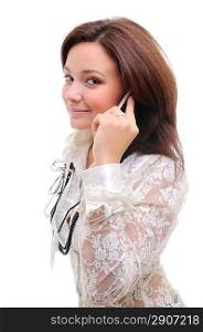 Woman talking over phone. Isolated over white.