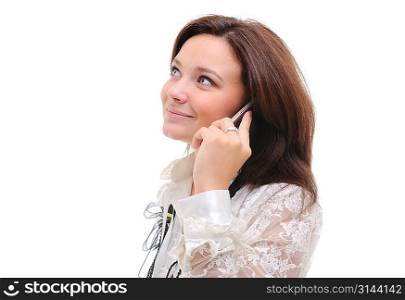 Woman talking over phone. Isolated over white.