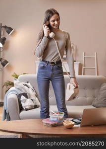 woman talking vintage telephone food