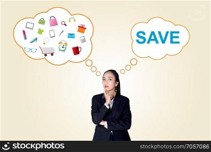 Woman thinking about shopping or saving on orange color background