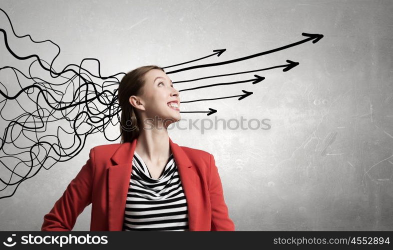 Woman thinking something over. Pretty young woman making decision with arrows coming out of her head