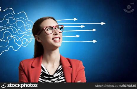 Woman thinking something over. Pretty young woman making decision with arrows coming out of her head