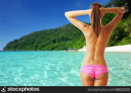 Woman topless on beautiful beach at Perhentian islands, Malaysia. Collage.