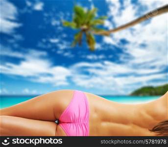 Woman topless on beautiful beach at Seychelles. Collage.