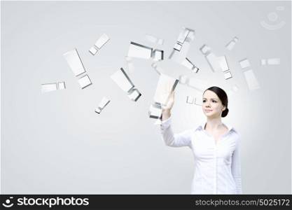 Woman touching attention icon. Attractive businesswoman pushing exclamation mark icon on screen