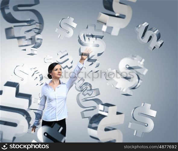 Woman touching dollar sign. Attractive businesswoman pushing dollar icon on media screen