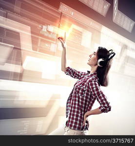Woman touching virtual screen