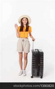 Woman tourist. Full length happy young woman standing with suitcase with exciting gesturing, isolated on white background. Woman tourist. Full length happy young woman standing with suitcase with exciting gesturing, isolated on white background.