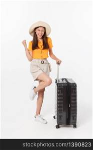 Woman tourist. Full length happy young woman standing with suitcase with exciting gesturing, isolated on white background. Woman tourist. Full length happy young woman standing with suitcase with exciting gesturing, isolated on white background.