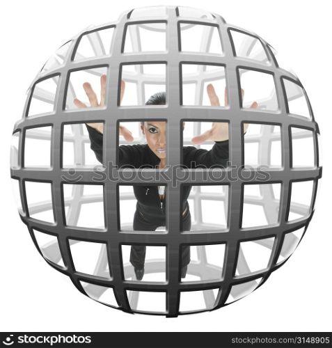 Woman trapped in spherical cage.