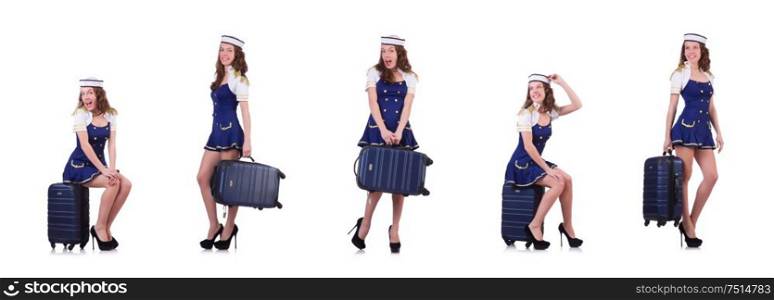 Woman travel attendant with suitcase on the white. Woman travel attendant with suitcase on white