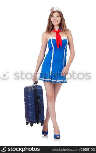 Woman travel attendant with suitcase on white