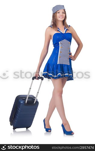 Woman travel attendant with suitcase on white