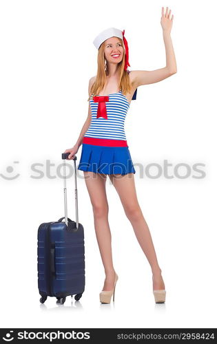 Woman travel attendant with suitcase on white