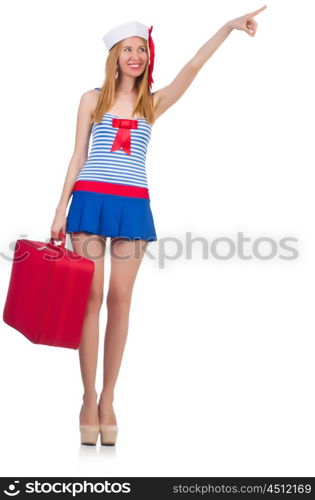 Woman travel attendant with suitcase on white