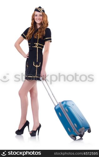 Woman travel attendant with suitcase on white