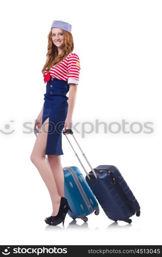 Woman travel attendant with suitcase on white