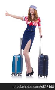 Woman travel attendant with suitcase on white